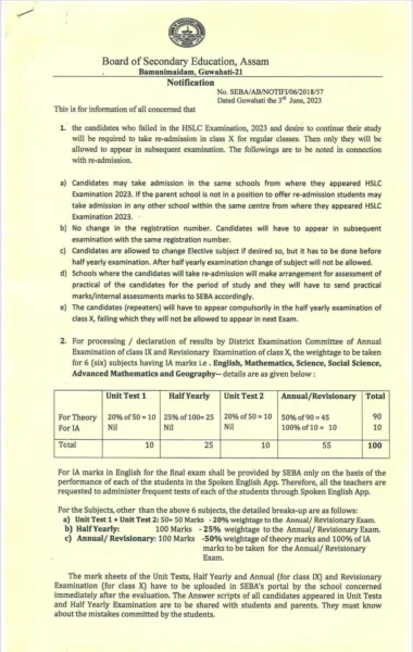 SEBA Notification re-admission of class 10 failed students page 1